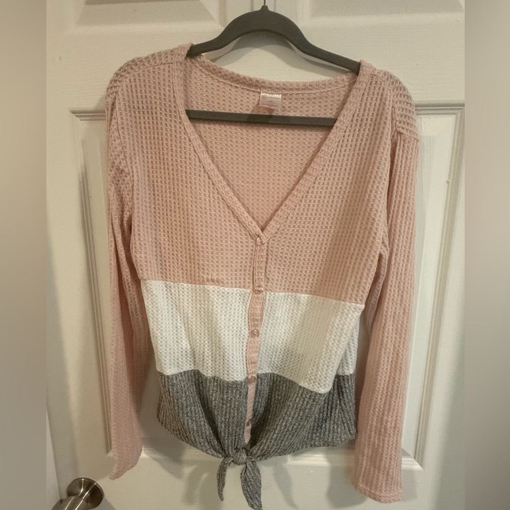 No Boundaries Pink, White, and Gray Button-Down Top